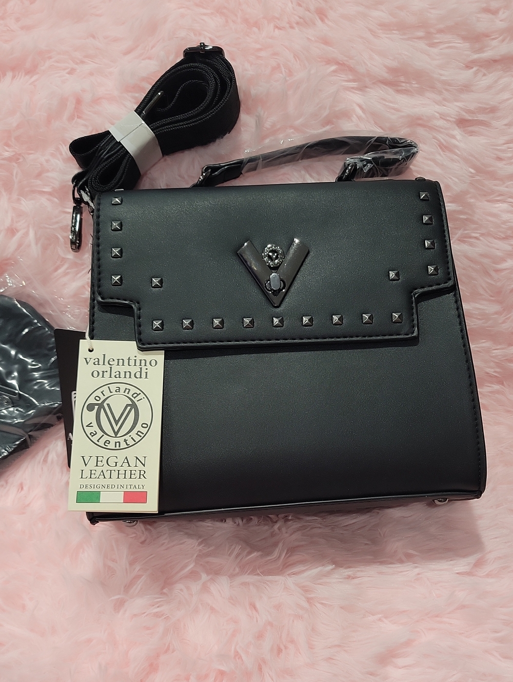 Valentino Orlandi Black Vegan Leather Satchel with Stud Accents